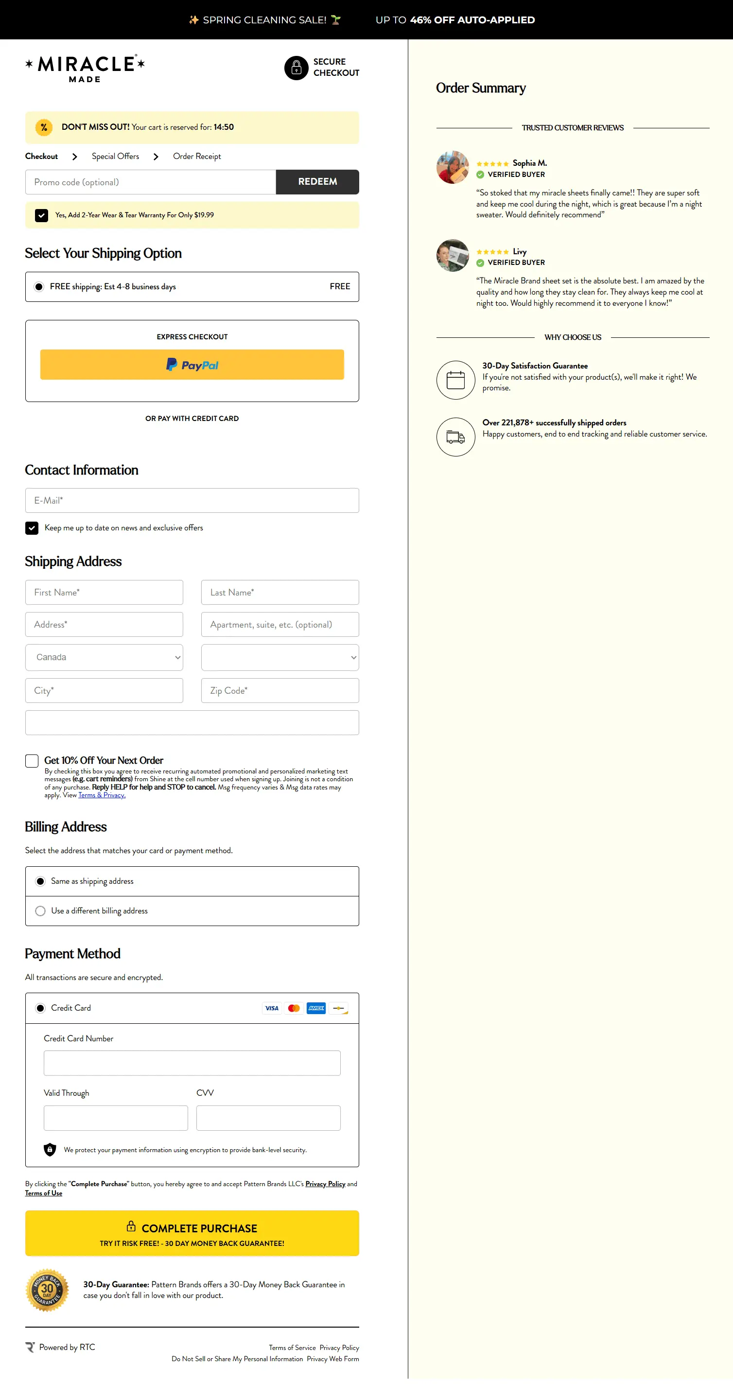 Miracle sheets checkout page
